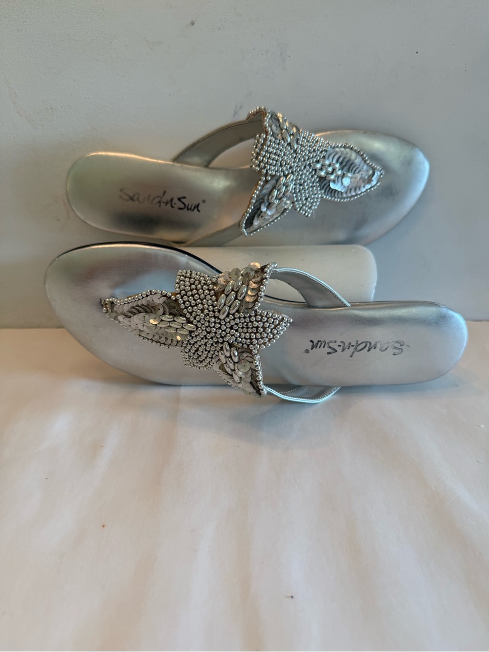 Sand and sun silver starfish bling beaded coastal thong summer sandals